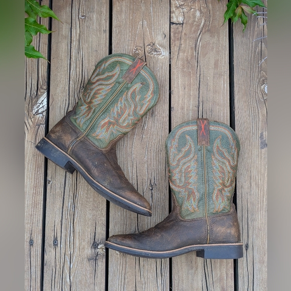 Twisted X Mens Size 8 D Green Brown Leather Square Toe Cowboy Western Boots - Picture 1 of 16